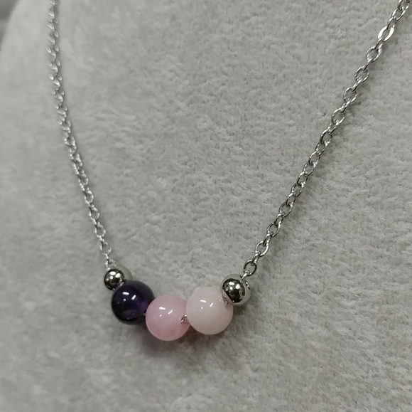 Rose Quartz Amethyst Three Bead Necklace Natural Gemstone Crystal StainlessSteel - Picture 4 of 14